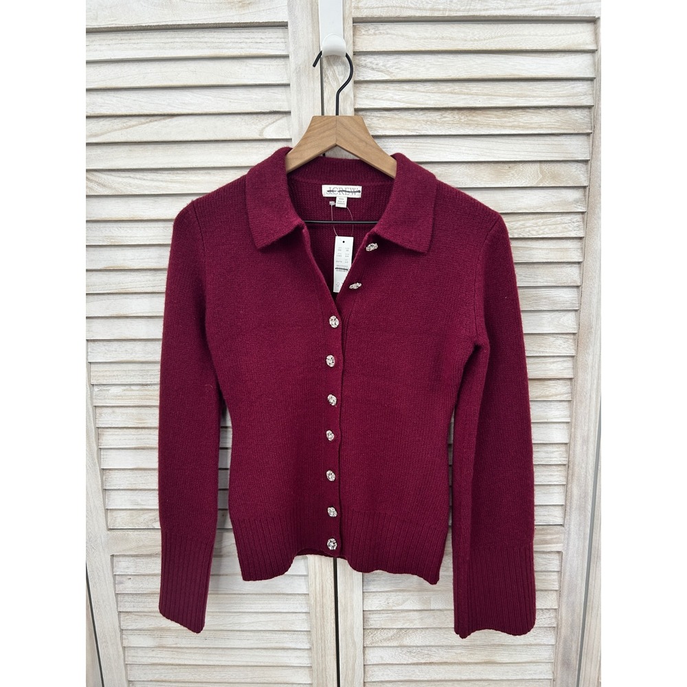 NEW J.Crew Wool Cardigan XXS Burgundy Jeweled Button Preppy Coquette